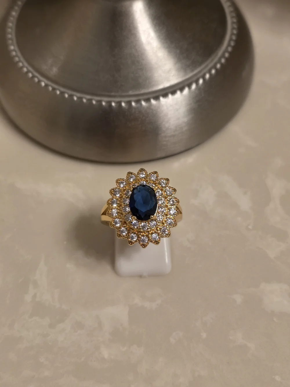 Gold-Plate Blue Sapphire Halo Cocktail Ring